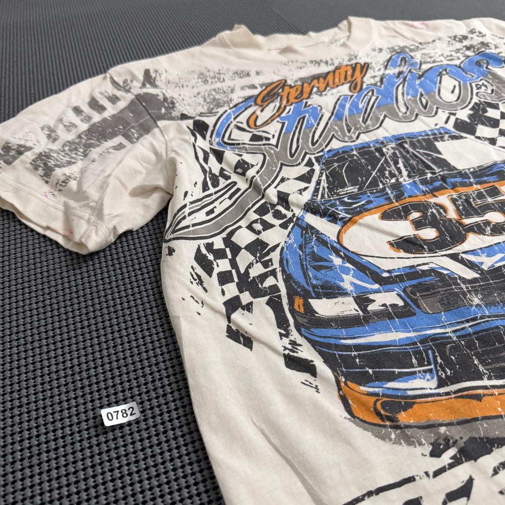 PacSun Eternity Racing Graphic T-Shirt Mens Small Cream Distressed Streetwear - Picture 2 of 10